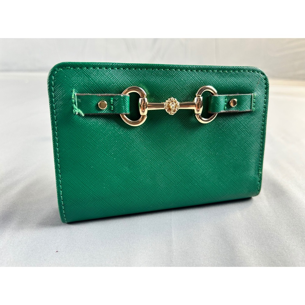 Anne Klein Green Saffiano Wallet‎ Gold Horsebit Lion Head Bifold Zip Coin Pocket